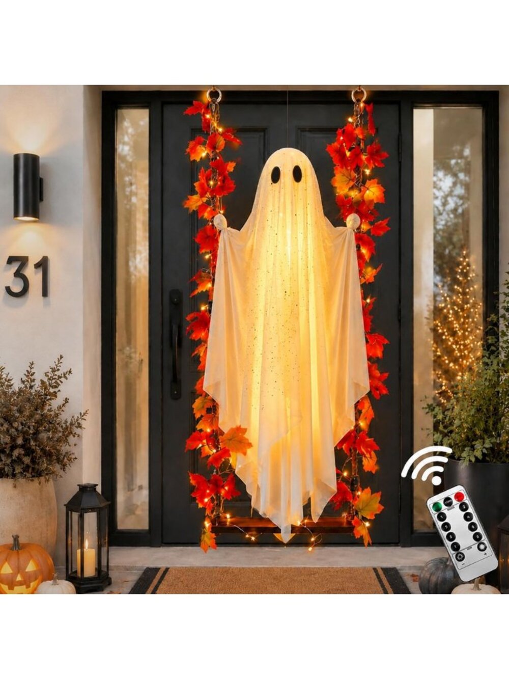 Spooky 5.3ft Hanging Ghost with Maple Leaf Swing - Outdoor Indoor Halloween
